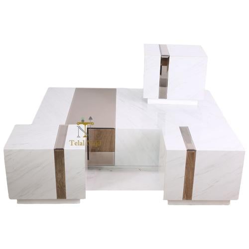 طقم طاولة ضيافة ارضي 5 قطع بديل رخام لون ابيض مع ز...