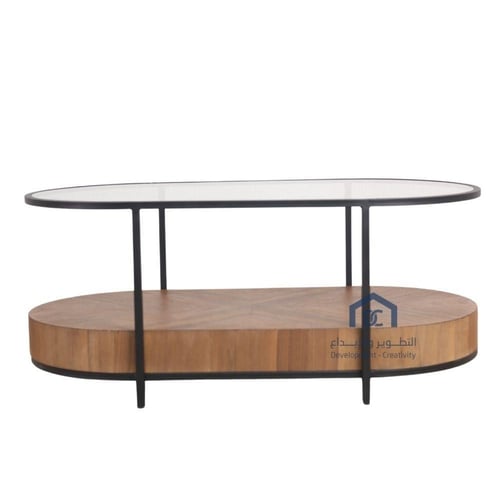 طاولة قهوة بيضاوي سطح خشب ملبس قشرة وزجاج شفاف