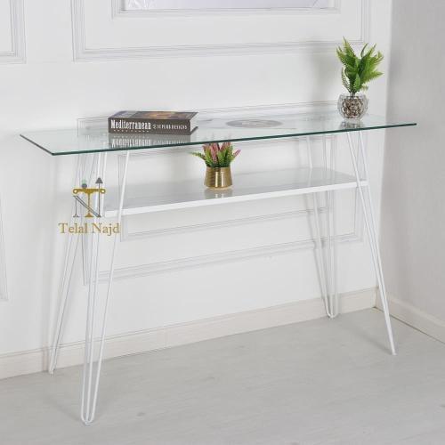 طاولة كونسول مدخل لون ابيض سطح زجاج وخشب