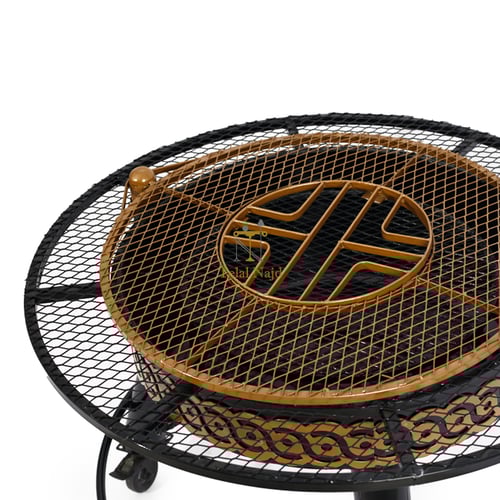 منقل شوي حطب دائري متحرك لون اسود مع ذهبي