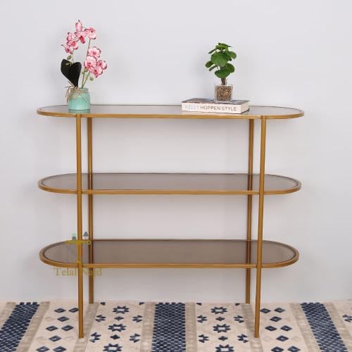 طاولة استقبال كونسول 3 دور بيضاوي لون ذهبي سطح زجا...