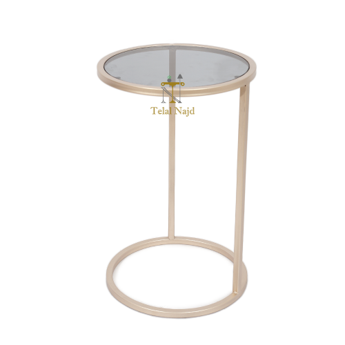 طاولة خدمة قاعدة حديد لون شمباني زجاج اسود شفاف