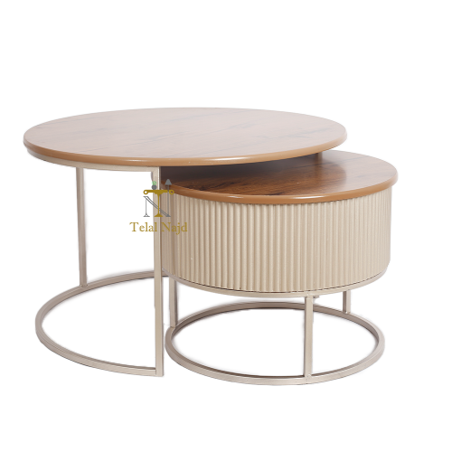 طاولات تقديم قواعد حديد لون ماكس وسطح خشب لون بني