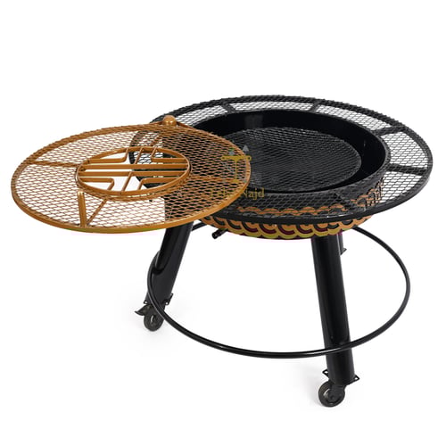 منقل شوي حطب دائري متحرك لون اسود مع ذهبي