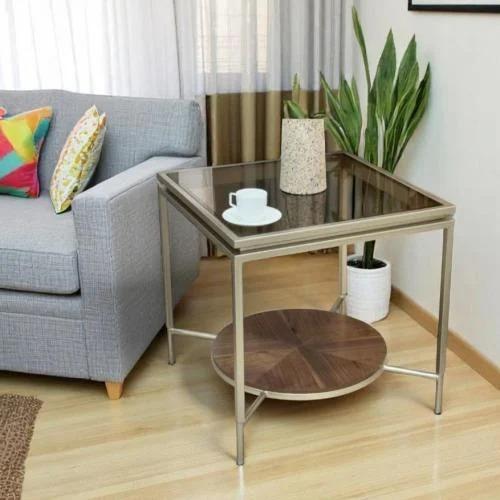 طاولة زاوية دورين لون شمباني سطح زجاج وخشب بني