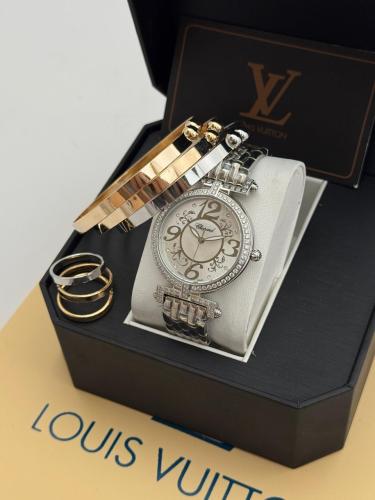 طقم ساعة نسائية لويس فيتون - سوار فضي براق وميناء...
