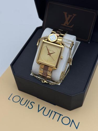 طقم ساعة نسائية لويس فيتون - سوار ذهبي وبني وميناء...