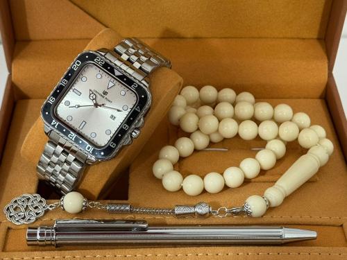 طقم ساعة رجالي سبحه بكالايت تركي وقلم