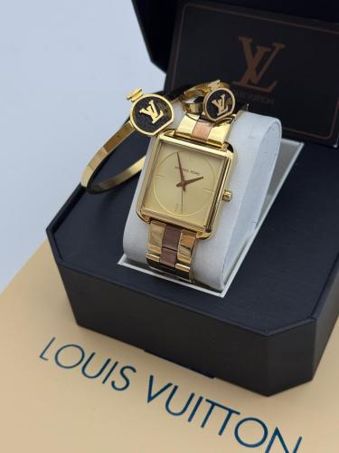 طقم ساعة نسائية لويس فيتون - سوار ذهبي وبني وميناء...