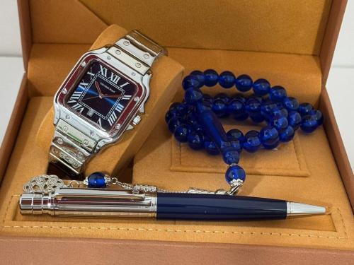 طقم ساعة رجالي سبحه بكالايت تركي وقلم