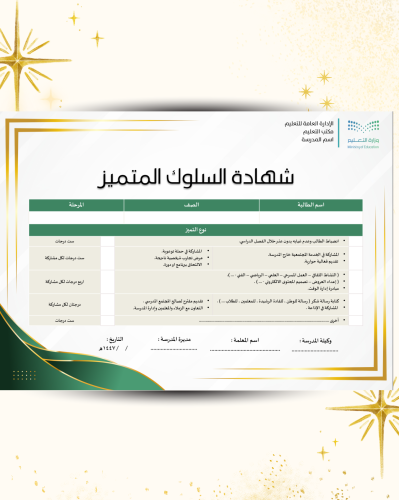 شهادة السلوك المتميز – جاهزة للطباعة وقابلة للتعدي...