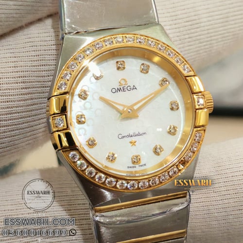 ساعة اوميقا النسائية مينا صدفي مقاس 28 بايطار فصوص