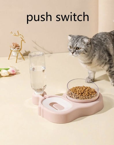 وعاء مزدوج للطعام و الماء مع قارورة بلون وردي