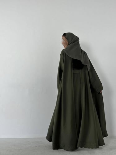 VR43 OLIVE EMBROIDERED FLARE ABAYA