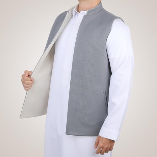 سديري رجالي وجهين بدون ازرار - رمادي و بيج فاتح