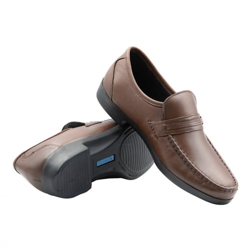 حذاء رسمي جلد طبيعي سادة برباط وتوكة معدنية - بني