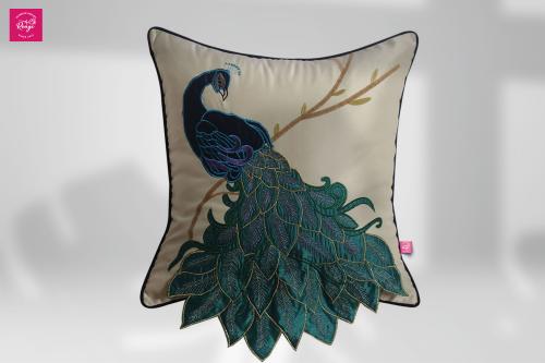 غطاء وسادة ديكور مطرزة بتصميم الطاووس الملكي – مقا...