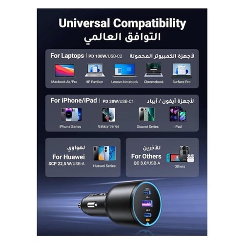 شاحن سيارة يوجرين 3 مخارج ومخرجين PD و USB بقوة 13...