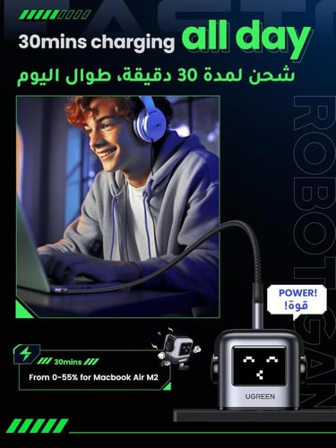 شاحن يوجرين جداري 65 واط مدخلين بتقنية PD ومدخل US...