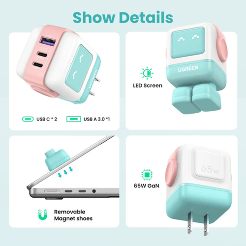 شاحن يوجرين جداري 65 واط مدخلين بتقنية PD ومدخل US...