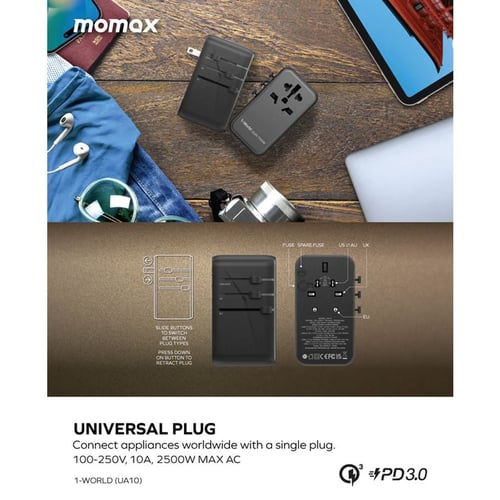 شاحن جداري وللسفر موماكس 4 منافذ وبقوة 100 واط - أ...