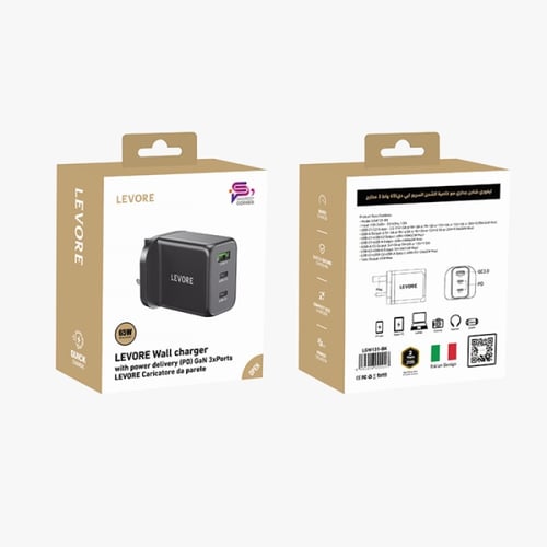 شاحن جداري ليفوري 65 واط منفذين USB-C ومنفذ USB-A