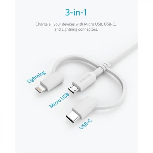 سلك شاحن انكر USB باورلاين 3 في 1 - ابيض