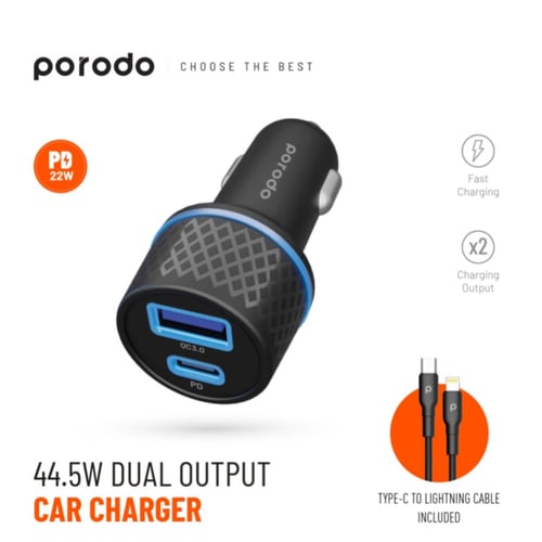 Porodo شاحن سيارة + كيبل pd ايفون