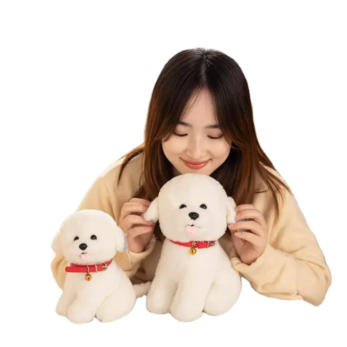 دمية كلب فرو قطيفة مع جرس باللون الأبيض - دمية بحج...