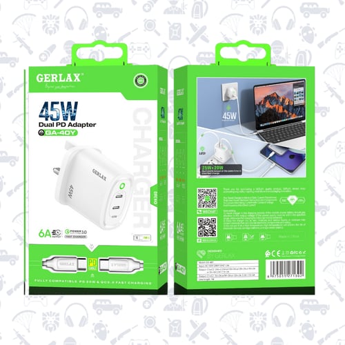 شاحن و كيبل سريع 45 واط 6A غيرلاكس بمدخلين تايب سي...