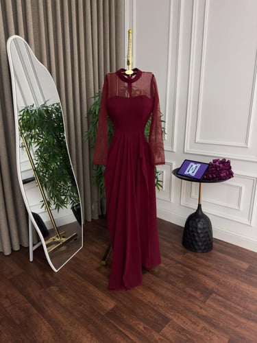 فستان عنابي ساتر شيفون