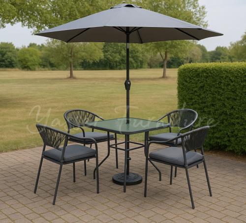 طقم جلسه خارجيه ، مظله + طاوله زجاج + 4 كراسي.