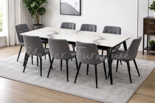 طاولة طعام رخام + 8 كراسي قماش مخمل ناعم بعدة ألوا...