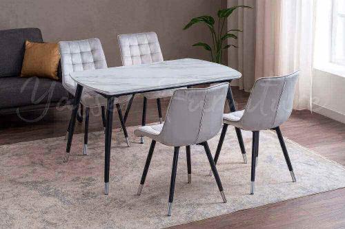 طاولة طعام سراميك + 4 كراسي قماش مخمل ناعم.