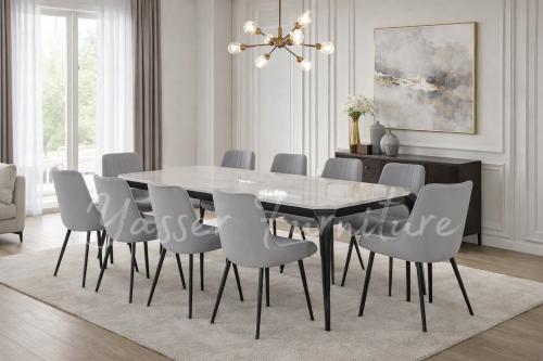 طاولة طعام رخام + 10 كراسي قماش مخمل ناعم بعدة ألو...