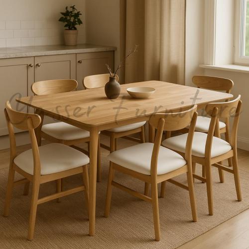 طاولة طعام خشب + 6 كراسي خشب بمقعد قماش جلد.