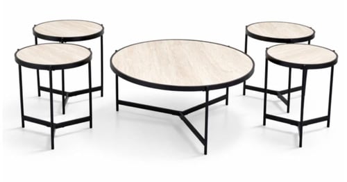 طقم طاولات كنب 5 قطع حديد سطح خشب بعدة ألوان.