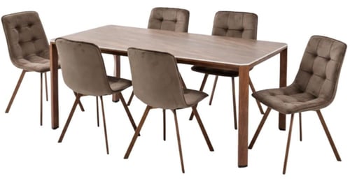 طاولة طعام سراميك + 6 كراسي قماش مخمل ناعم.