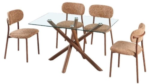 طاولة طعام زجاج + 4 كراسي قماش بوكليه بعدة ألوان.