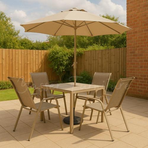 طقم جلسه خارجيه ، مظله + طاوله خشب + 4 كراسي.