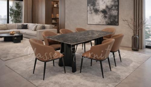 طاولة طعام رخام + 6 كراسي قماش جلد بعدة ألوان.
