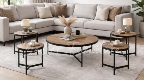 طقم طاولات كنب 5 قطع حديد سطح خشب بعدة ألوان.