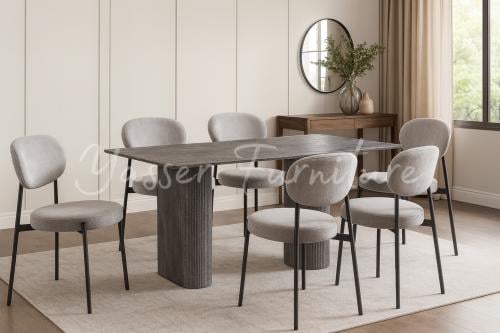 طاولة طعام خشب + 6 كراسي قماش بوكليه بعدة ألوان.