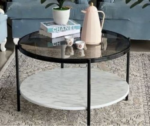 طاولة قهوة حديد وخشب رخامي أسود - 80×50 سم