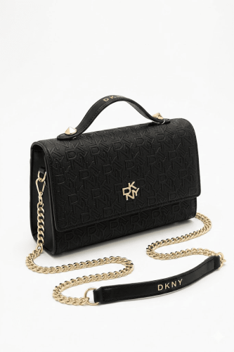 حقيبة DKNY كروس بودي سوداء - نقشة لوغو بارزة وسلسل...