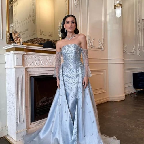 فستان سماوي خامة ميكادو واقف تطريز كمبيوتر مرصع لو...