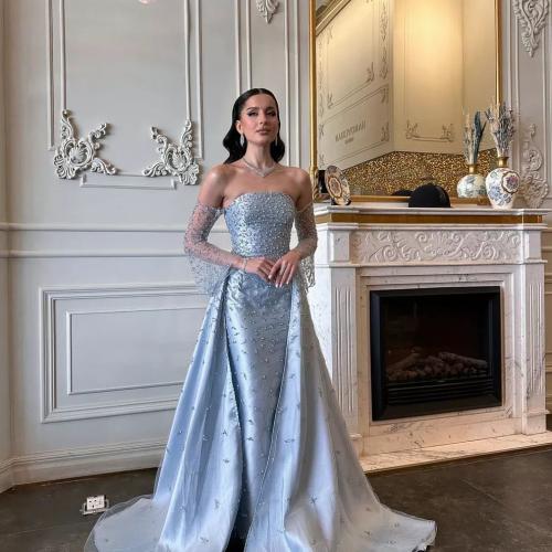 فستان سماوي خامة ميكادو واقف تطريز كمبيوتر مرصع لو...