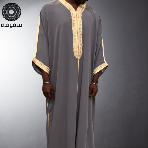 جلابية مغربية رجالي رمادي رصاصي وتطريز بيج