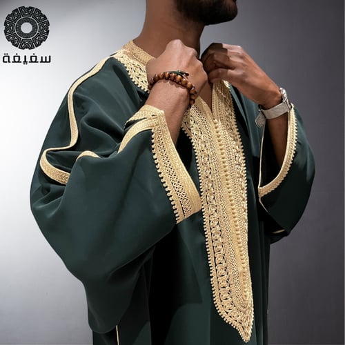 جلابية مغربية رجالي أخضر غامق وبيج