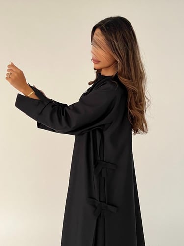 عبايه سوداء من قماش الكتان التايلندي الواقف بقصه ن...